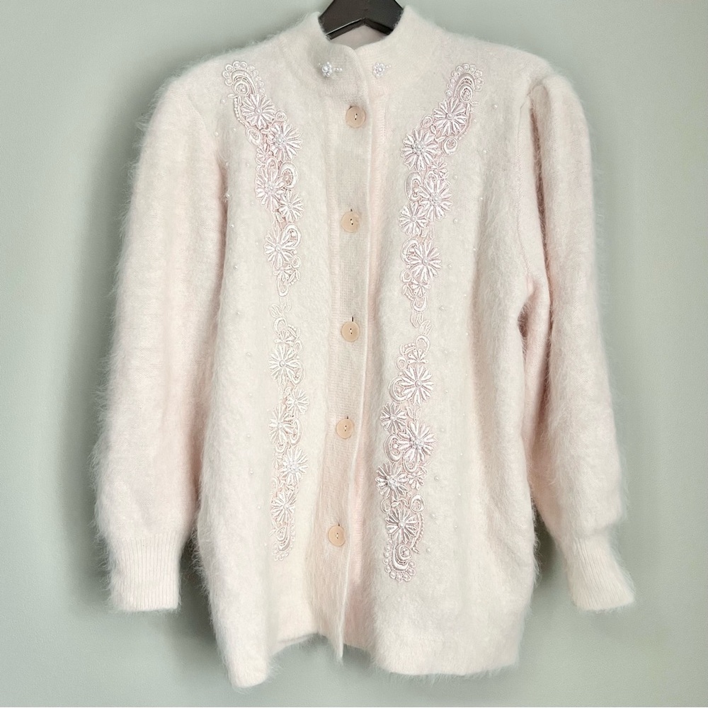Button-Up Cardigan Pink Floral Embroidery Angora Blend Grandmacore Whimsical